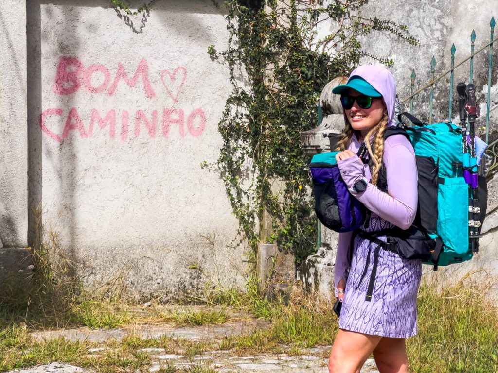 Veggie on the Portuguese Camino near where someone spray painted "Bom Caminho" or Have a good way.