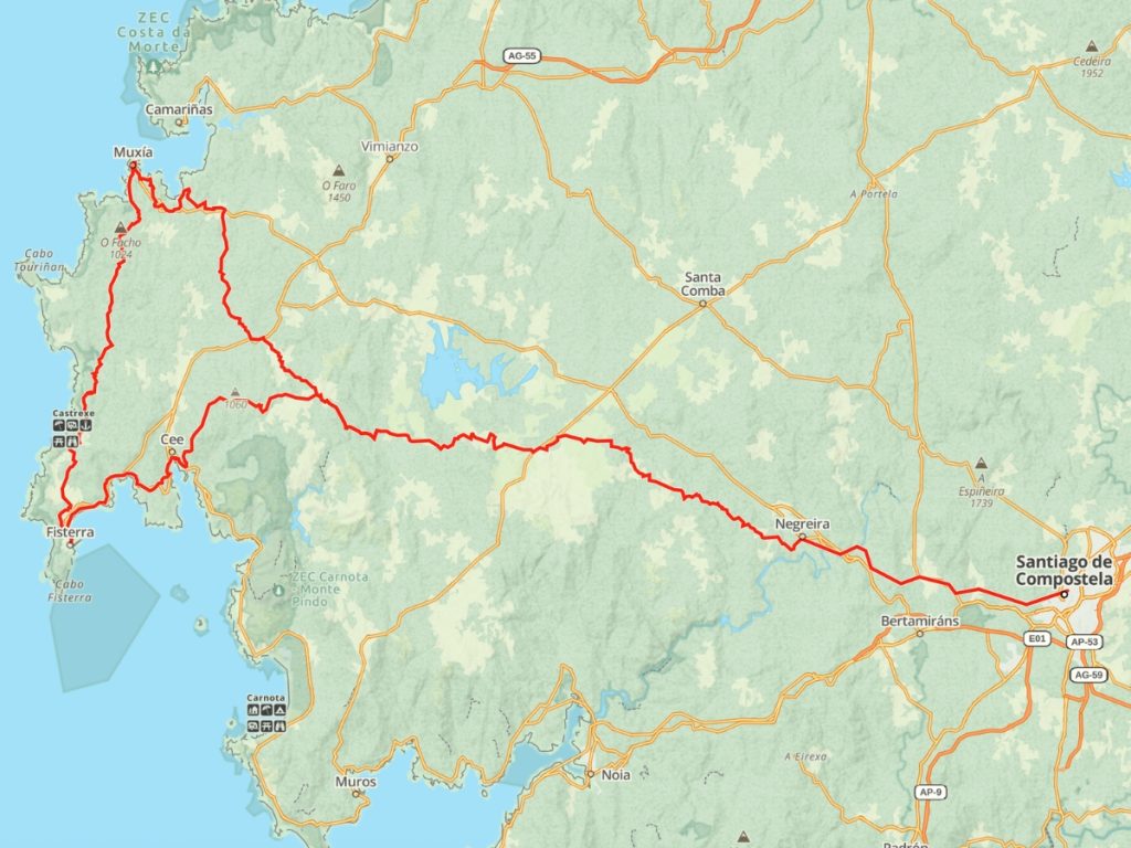 Map of the Camino Finisterre and Camino Mux&iacute;a in Galicia, Spain from Santiago de Compostela.