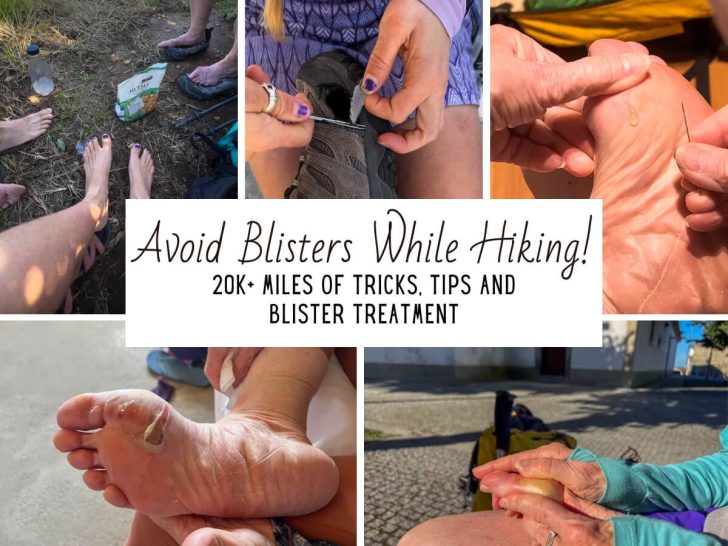 Collage image of blisters and feet to describe how to avoid blisters while hiking.
