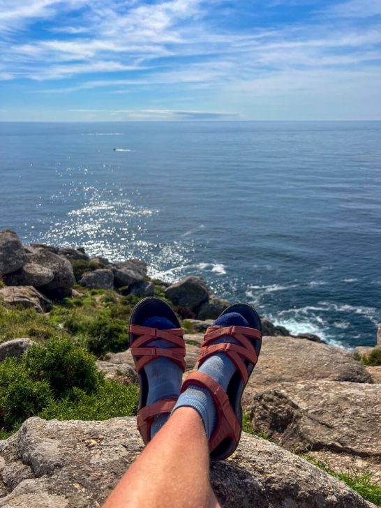 My socks and sandles combo helps me avoid blisters while hiking.