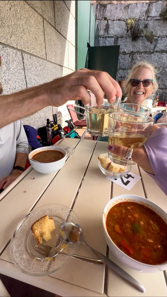 A vegan lentil pilgrim meal close to Santiago on the Portuguese Camino.