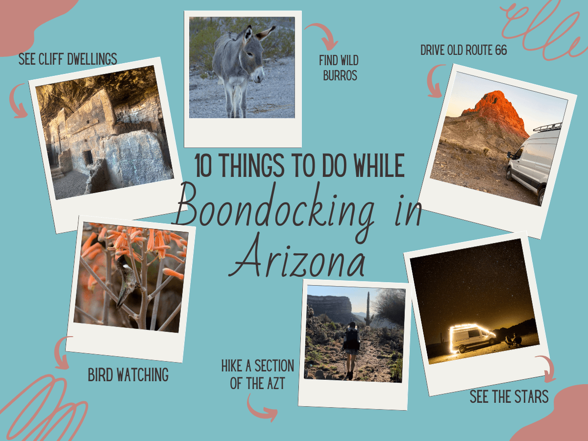 10 Things to do While Boondocking in Arizona in Winter Graphic with polaroid photos of the activities.