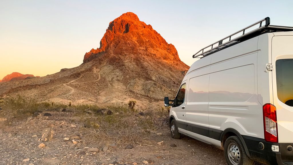 Boondocking in Arizona in Winter watching the sunset.