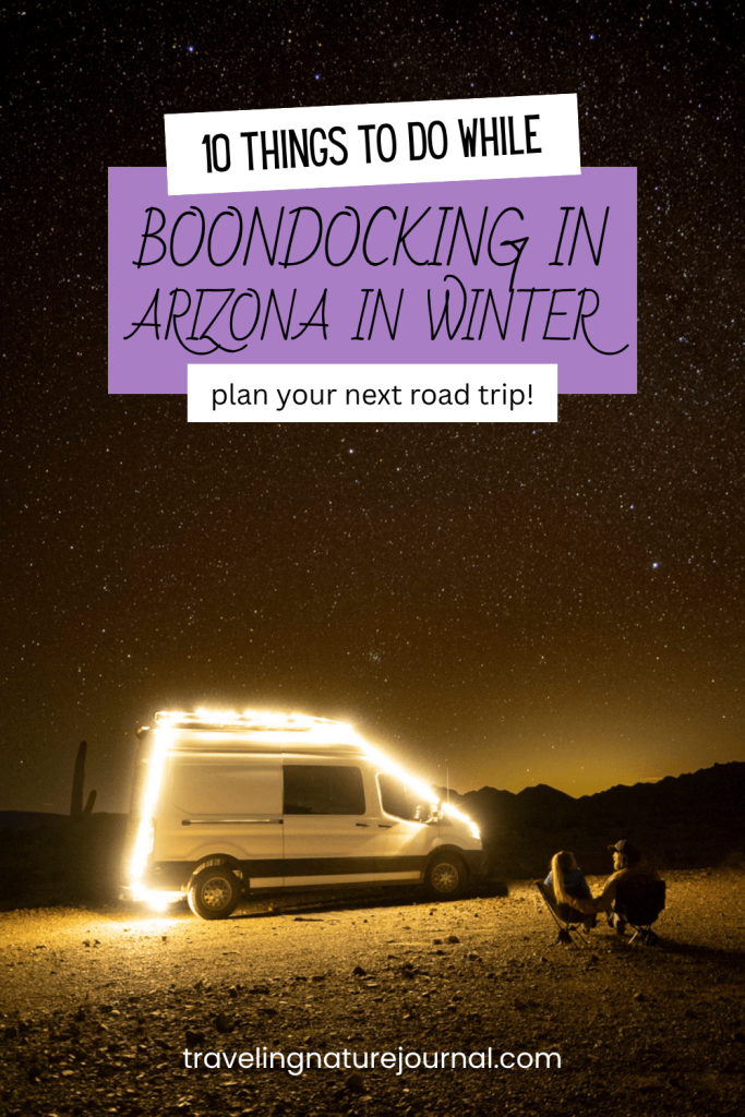 Stargazing while boondocking in Arizona in the winter with a van wrapped in fairy lights.
