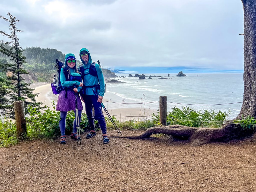 Veggie and Karma at a viewpoint on the Oregon Coast Trail.