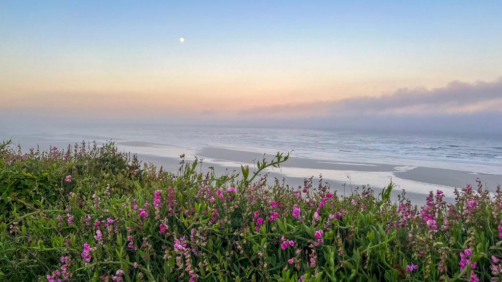 Sunrise and moonset on the Oregon Coast Trail.