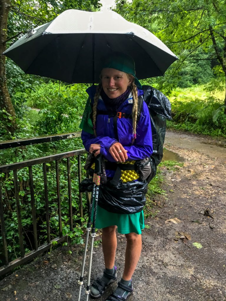 Veggie in rain gear on the Camino Primitivo.