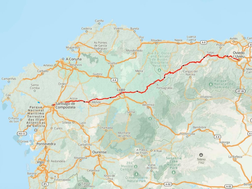 The Camino Primitivo map shows the route's progression from Oviedo to Santiago de Compostela in Spain.