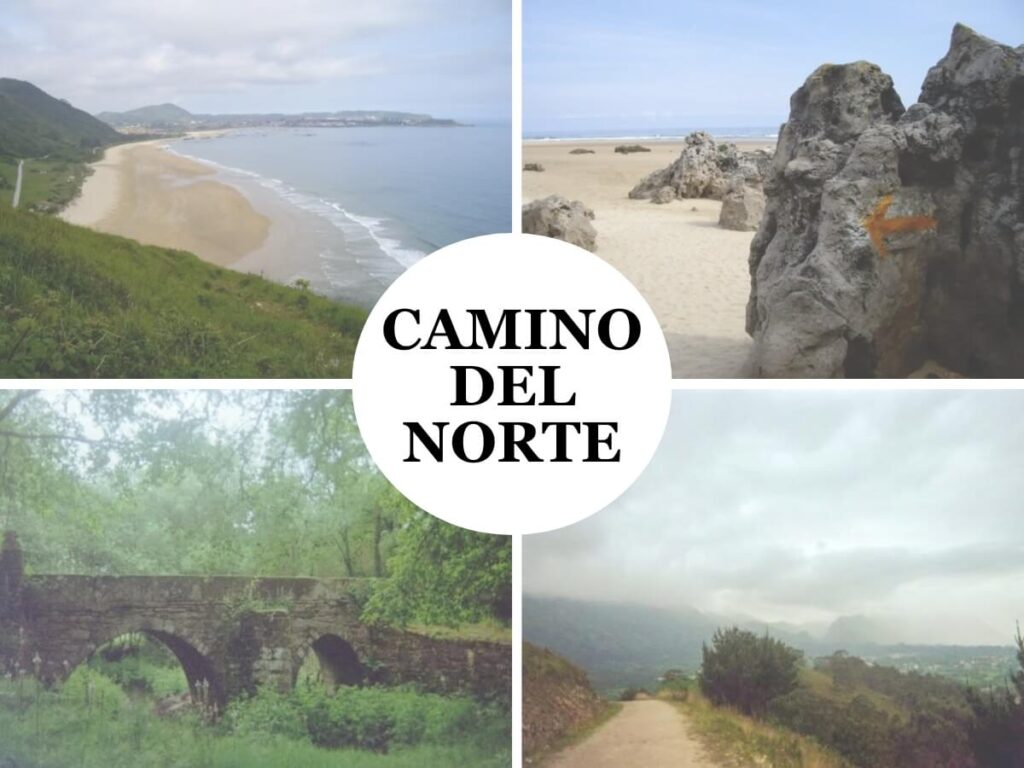 Four scenes from the Camino del Norte: from the beach to the forest to ancient stone bridges.