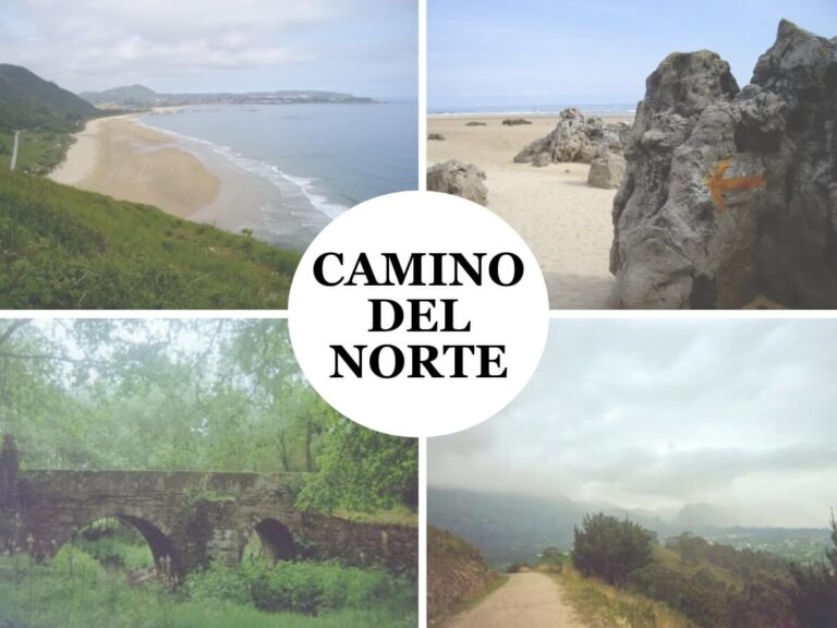 Four scenes from the Camino del Norte: from the beach to the forest to ancient stone bridges.